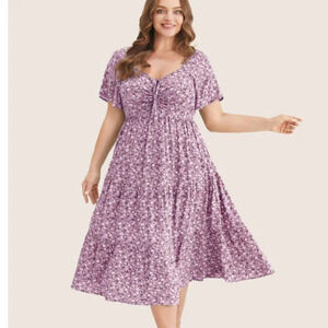 BloomChic Plus Size Ditsy Floral Drawstring Ruched Pocket Ruffle Tiered Dress
